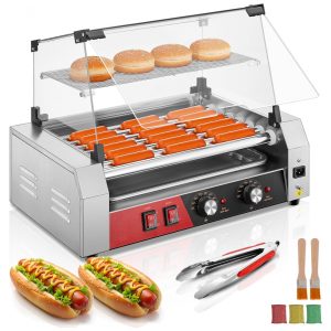 Máquina de Cachorro-Quente FOHERE Hot Dog Roller com 7 Rolos Capacidade para 1824 Cachorros-Quentes 1050W de Potência em Aço Inoxidável