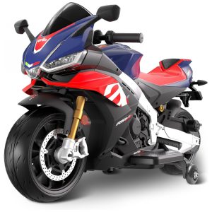 Moto Elétrica Infantil Letsgoride Aprilia RSV4 24V Azul e Vermelha com Rodinhas de Treinamento Farol Música e USB 200W