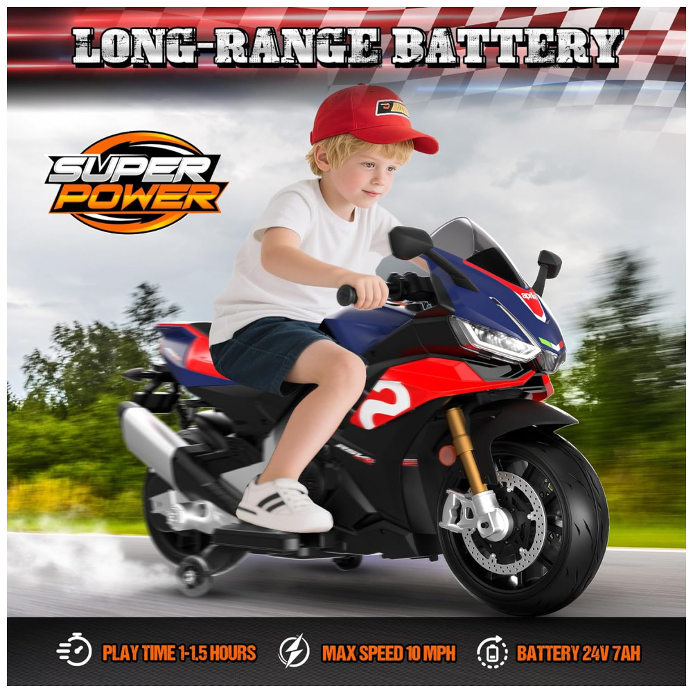 Moto Elétrica Infantil Letsgoride Aprilia RSV4 24V Azul e Vermelha com Rodinhas de Treinamento Farol Música e USB 200W - Imagem 3