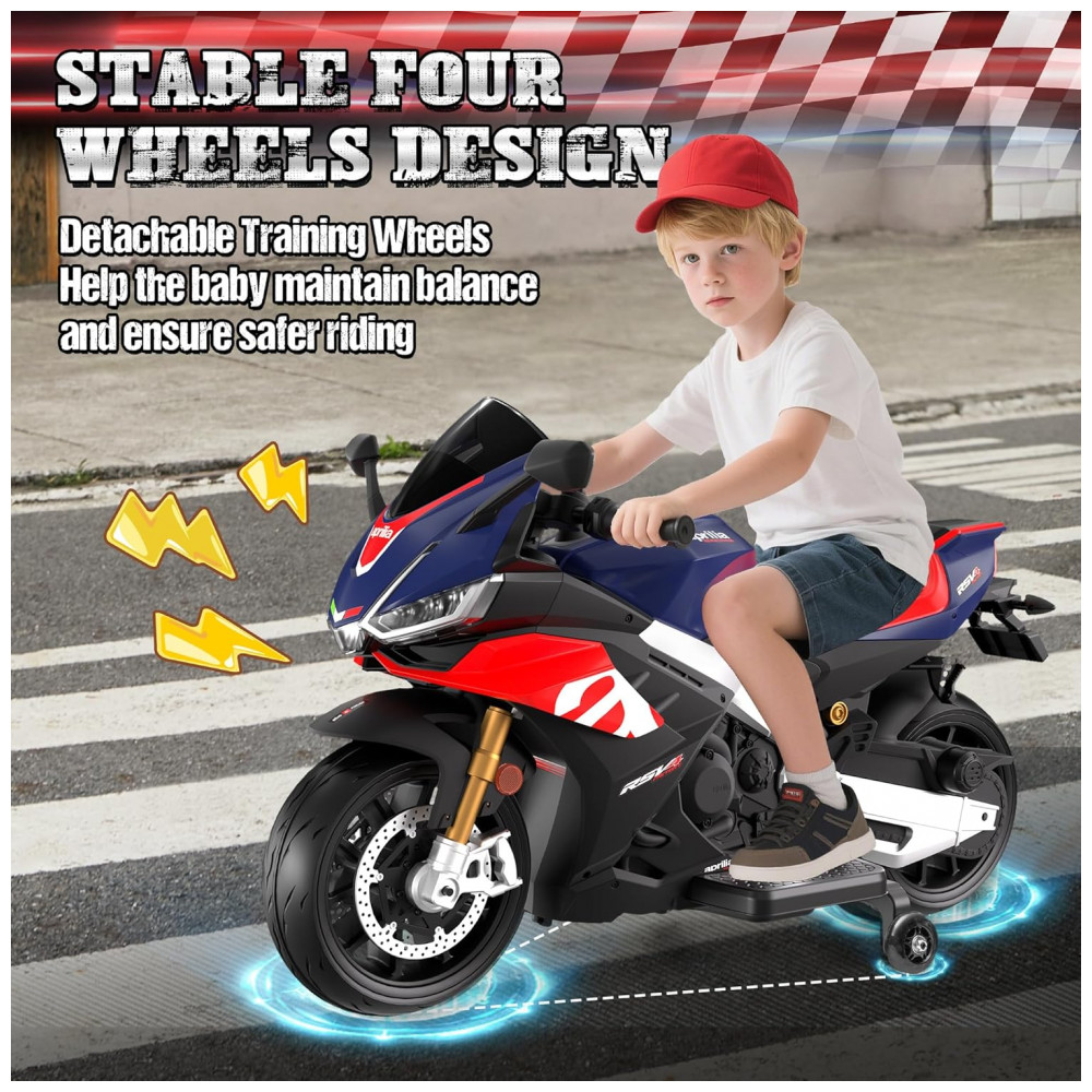 Moto Elétrica Infantil Letsgoride Aprilia RSV4 24V Azul e Vermelha com Rodinhas de Treinamento Farol Música e USB 200W - Imagem 4