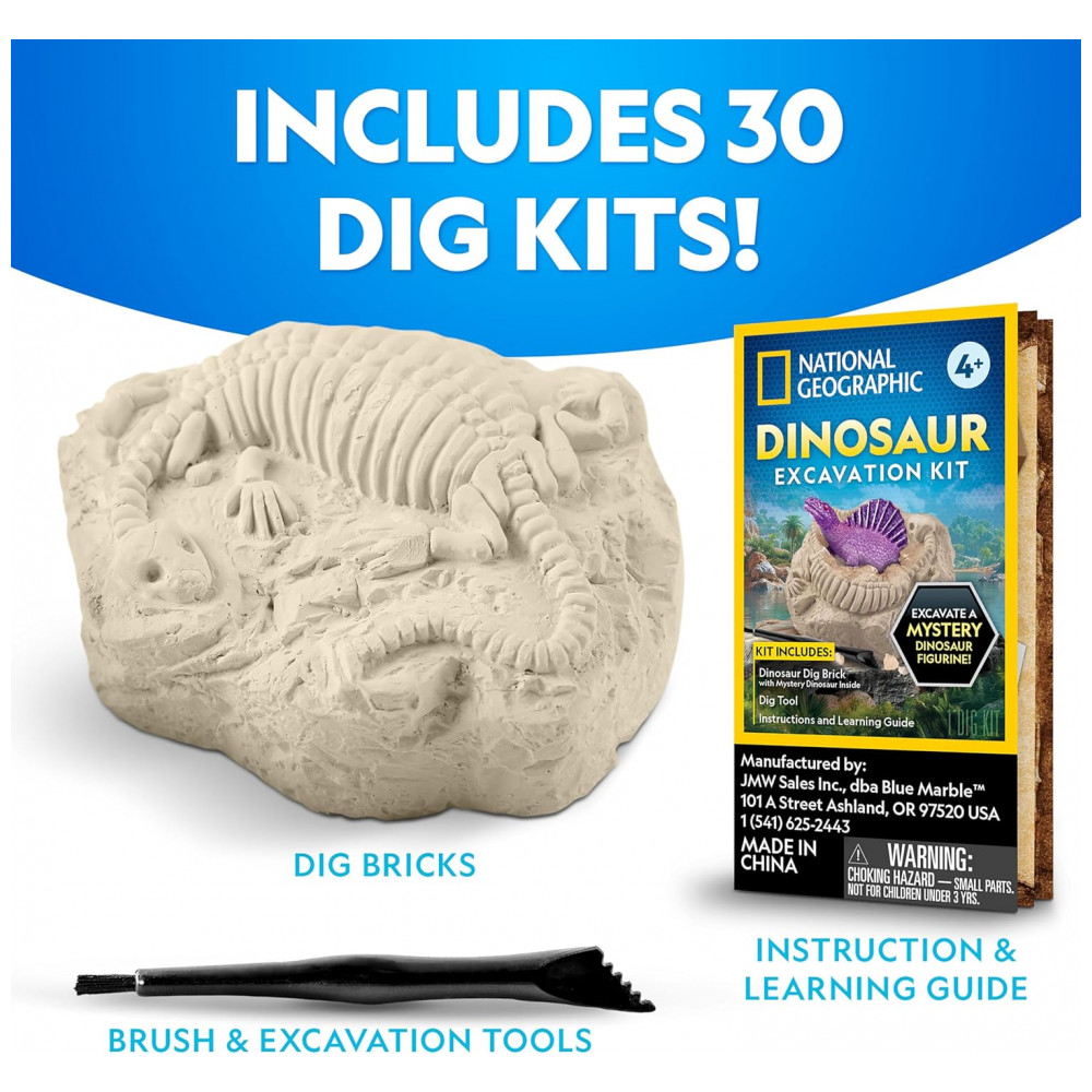 Dinosaur Dig Brick Set 30 Peças, Brinquedos STEM de Dinossauros que Brilham no Escuro, Kits de Escavação com Ferramentas e Guia Educativo National Geographic - Imagem 2