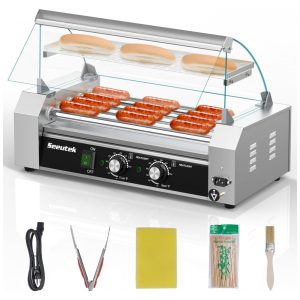 Máquina de Cachorro-Quente Seeutek com 5 Rolos Capacidade para 18 Cachorros-Quentes 1100W Aço Inoxidável Controle de Temperatura Duplo Cobertura