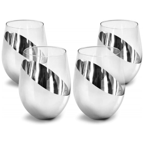 Conjunto de 6 Copos de Vinho sem Pé MyGift Premium Prateado com Detalhes Elegantes, Perfeito para Presente de Casamento ou Aniversário, Resistente a I