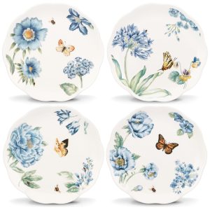 Conjunto de Pratos para Sobremesa com 4 Peças Formato Ondulado Redondo Tema Floral e Material de Porcelana LENOX 833416 Colorido