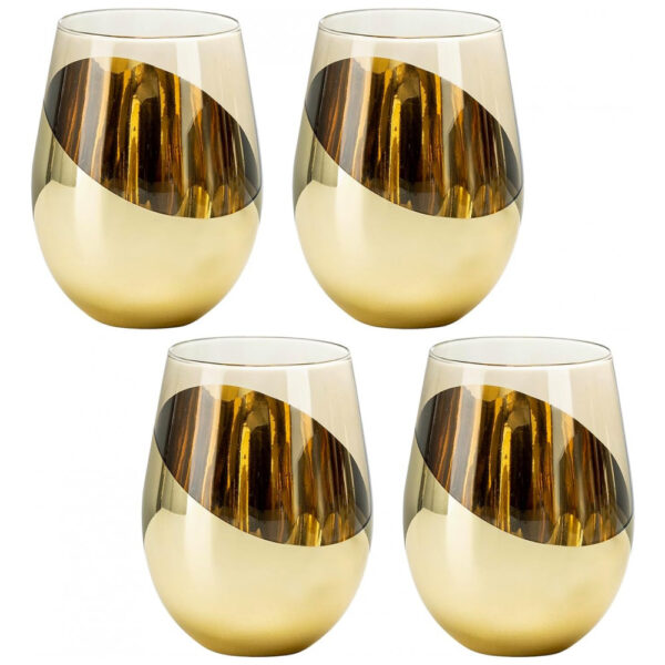 Jogo com 4 Taças de Vinho Sem Haste Âmbar Vintage com Detalhes em Latão Inclinado, Copos de Bebida de Coquetel de Vidro Translúcido Âmbar, 18 oz