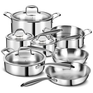 Jogo de Panelas em Aço Inoxidável de 3 Camadas com 11 Peças Tampa Panelas e Frigideiras - Jogo de Cozinha Profissional EWFEN