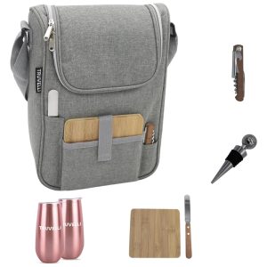 Sacola Térmica para Vinho Truvelli Portátil 2 Garrafas com Queijo à Prova d'Água em Lona Preta - Kit de Piquenique com Tampo de MadeiraPlush Picnic