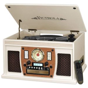 Toca Discos 8 em 1 Bluetooth Central Multimídia Alto Falantes Estéreos Integrados VICTROLA VTA 600B WHT Branco