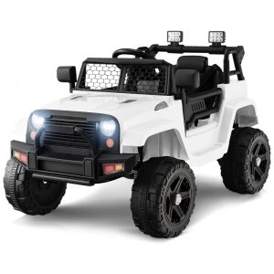 Caminhão Elétrico Infantil OLAKIDS Branco 12V Jeep 2 Velocidades Controle Remoto Suspensão Porta Dupla LED Música USB MP3 TF