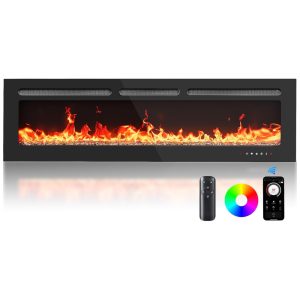 Lareira Elétrica de Embutir Ultrafina A43x152L cm com 20 Cores de Chama Saída de Calor de 5300 BTU Temporizador Controle Remoto e APP 110V 1400W Silonn Preta