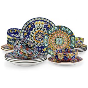 Conjunto de Jantar Vancasso 18 Peças Pratos e Tigelas de Porcelana para 6 Pessoas Resistente a Micro-ondas e Lava-louças Estilo Bohemian Serviço d