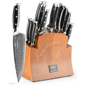 Conjunto de Facas em Aço Damasco VG10 com Bloco de Bancada e Afiador Embutido 16 Peças NANFANG BROTHERS Preto