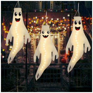 Kit Fantasmas de Pendurar com Luz LED para Decoração de Halloween 3 UN Branco