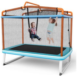 Trampolim GYMAX para crianças 75 trampolins recreativos aprovados pela ASTM com balanço rede de barra horizontal mini trampolim retangular para bebês interior e exterior laranja