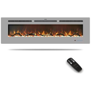Lareira Elétrica de 152 cm Embutida ou de Parede Aquecedor Linear com TermostatoTela TouchChama MulticoloridaTimer Troncos e Cristais Kentsky