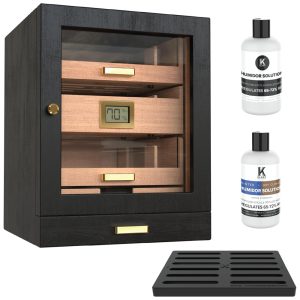 Umidor de Armário CASE ELEGANCE Luca para 80-100 Charutos Caixa com Cedro Espanhol Display de Vidro Sistema de Umidificação Fácil Higrômetro Digital Preto