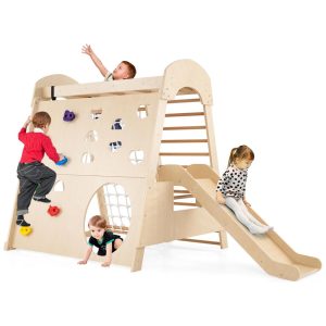 Costzon Indoor Jungle Gym: Playground de Madeira Natural para Crianças de 3 Anos - Escorregador Escada Rede de Escalada Balanço e Mais