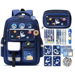 Mochila infantil Fimibuke com kit escolar espacial 30 peças poliéster azul