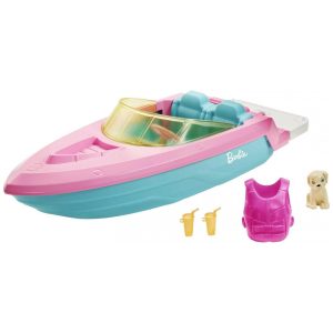 Barco de Brinquedo da Barbie com Cachorrinho Colete Salva Vidas e Acessórios Rosa