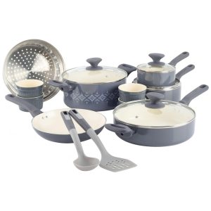 Jogo de Panelas e Frigideiras Antiaderentes em Alumínio com Utensílios 16 Peças Spice by Tia Mowry Cinza