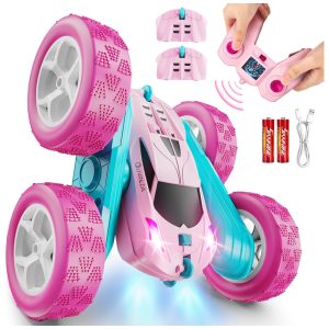 Carro de Controle Remoto Rosa para Meninas Carro de Acrobacias RC de 24 GHz com Rotação de 360 Graus e Faróis Brinquedo para MeninasQUNREDA