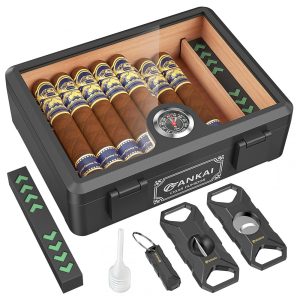 Umidor de Charutos com Topo em Vidro Caixa de Cedro à Prova de Quedas com Divisor para 20-25 Charutos Preta - FANKAI