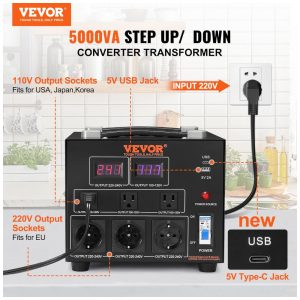 Transformador (Conversor) de Voltagem VEVOR 5000W Elevação/Redução 110V para 220V/220V para 110V 3 US 3 EU USB Type-C 2 LED CE FCC ST-5000VA.