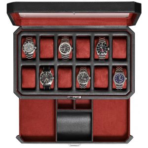 Caixa Estojo de Couro com Gaveta de Manobrista para Relógios com 12 Compartimentos ROTHWELL Preto e Vermelho