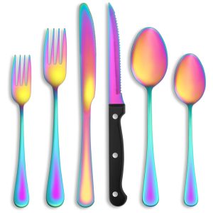 Kit de Talheres Multicoloridos com 24 Peças e Facas de Churrasco para 4 Pessoas em Aço Inox Acabamento Brilhante Utensílios de Cozinha e MesaMUTNITT