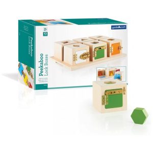 Brinquedo educativo Guidecraft Peekaboo Lock Boxes com 6 caixas com fechaduras e bandeja para atividades de encaixe e coordenação motora fina