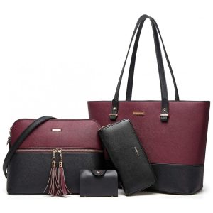 Conjunto de Bolsas Femininas em Couro Sintético 4 Peças com Carteira Lovematch Preto e Roxo