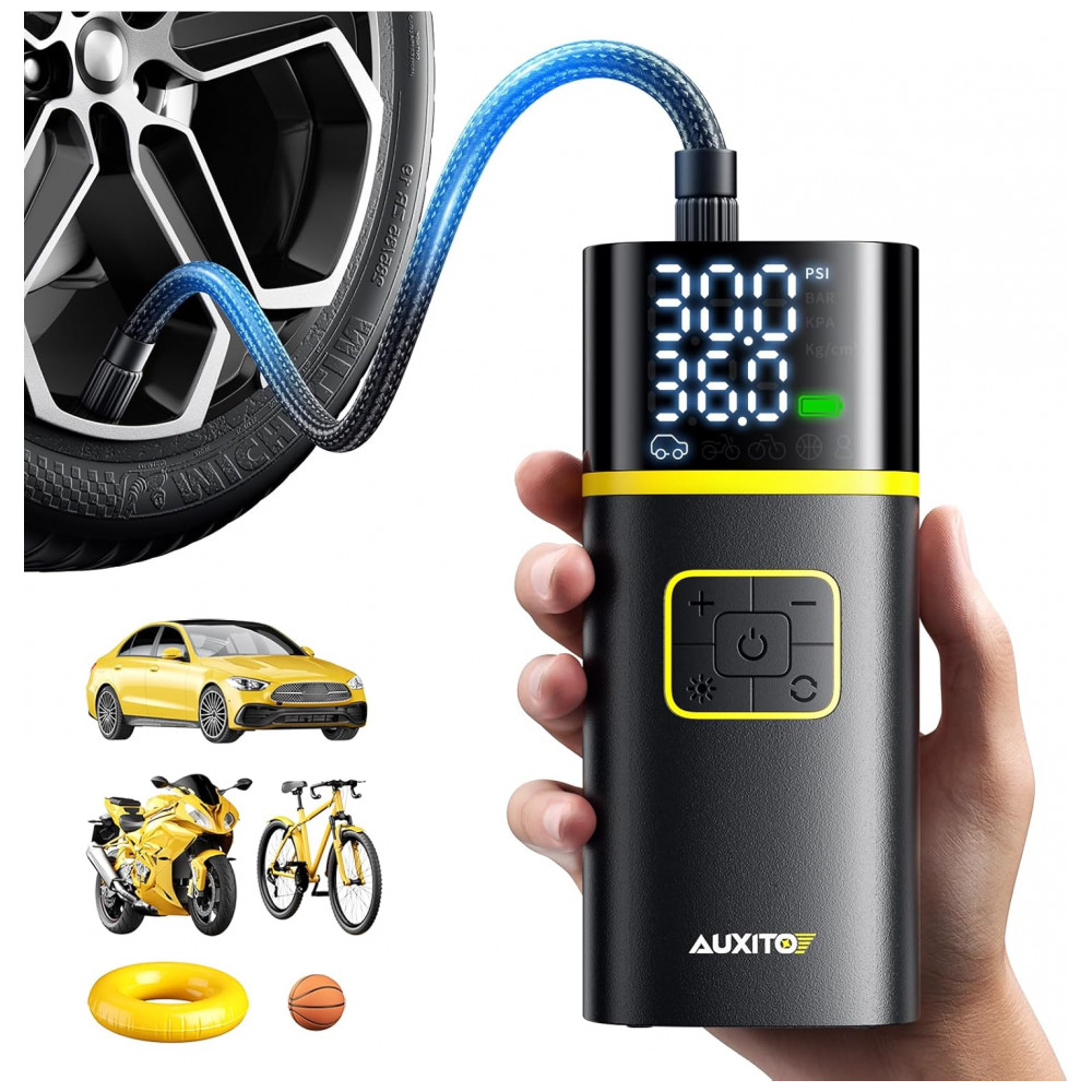 Compressor de Ar Portátil AUXITO 150PSI - Inflação Rápida em 1 Minuto - Bomba de Ar para Pneus de Carro com Medidor de Pressão, Lanterna LED - Ideal p