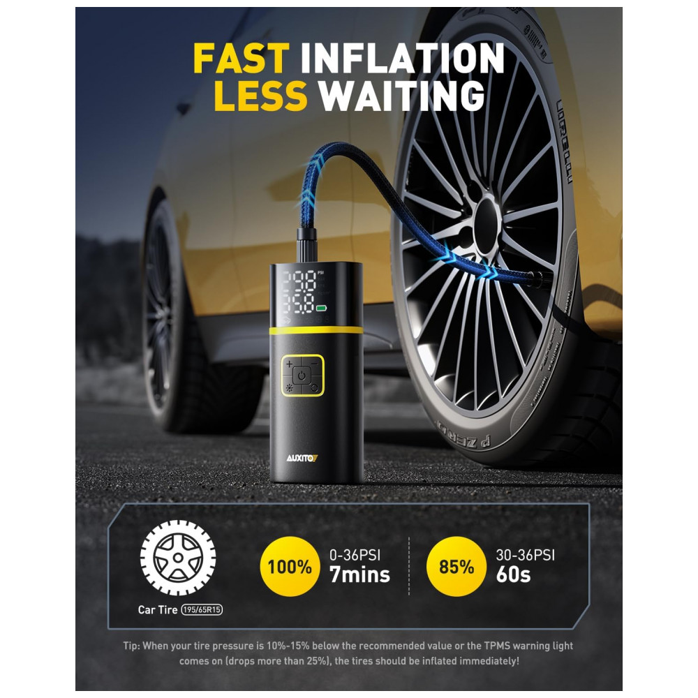Compressor de Ar Portátil AUXITO 150PSI - Inflação Rápida em 1 Minuto - Bomba de Ar para Pneus de Carro com Medidor de Pressão, Lanterna LED - Ideal p - Imagem 2