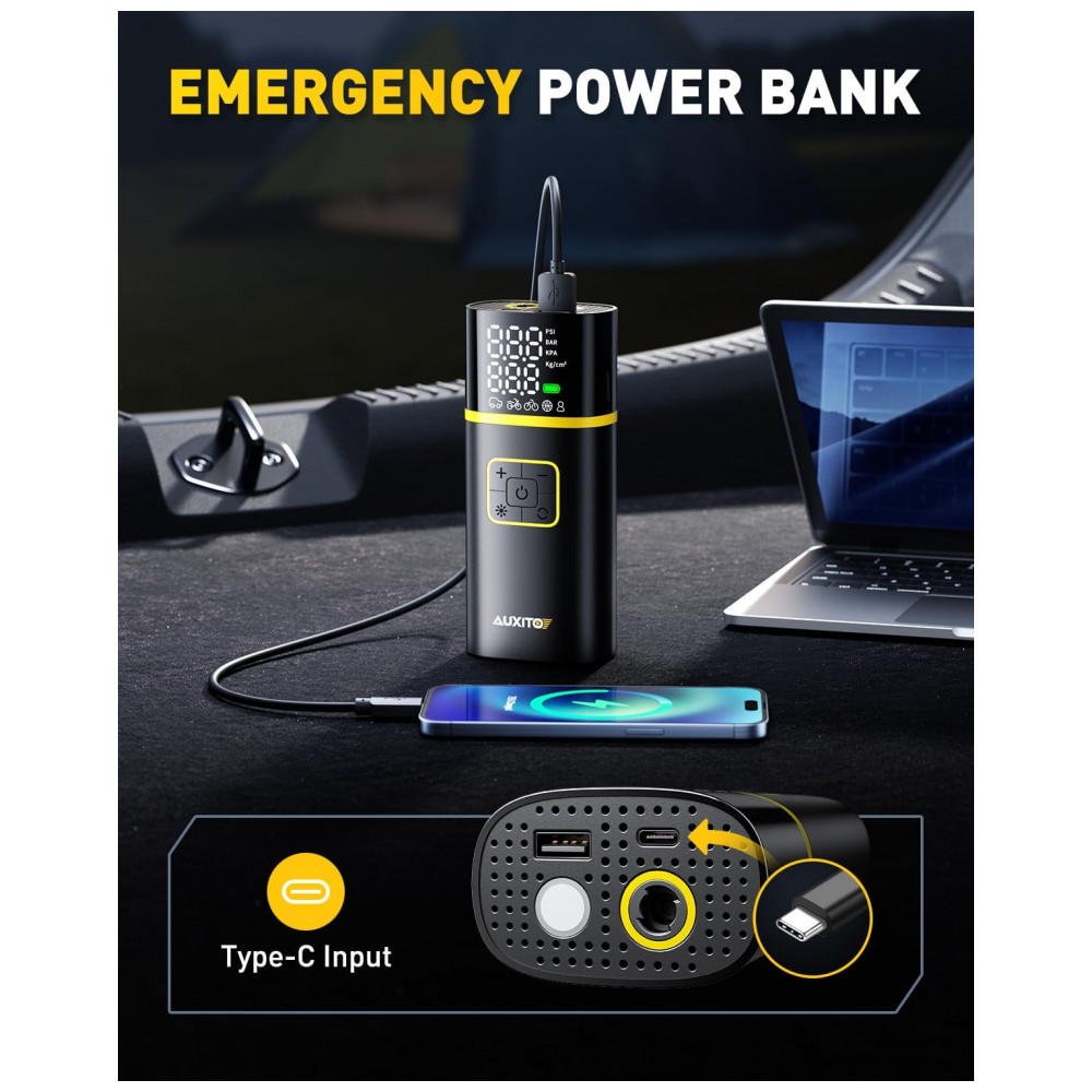 Compressor de Ar Portátil AUXITO 150PSI - Inflação Rápida em 1 Minuto - Bomba de Ar para Pneus de Carro com Medidor de Pressão, Lanterna LED - Ideal p - Imagem 4