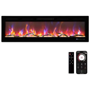 Lareira Elétrica de 152 cm Embutida ou de Parede com LED Touch Controle Remoto e App Wi-Fi. Aquecedor 1500/750W 12 Cores Ajustáveis TimerAsyPets