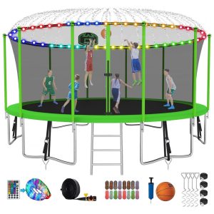 Trampolim redondo SKYUP verde com rede de proteção cesta de basquete luz LED aspersor de água meias e capacidade até 680kg