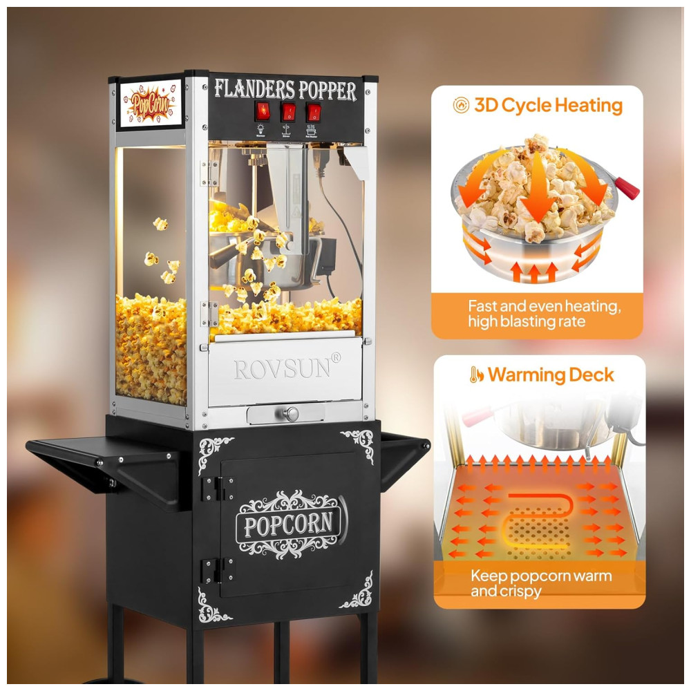 Carrinho de Pipoca Elétrico Retro Produz até 32 Xícaras de Pipoca por Vez 110V 850W ROVSUN Preto - Imagem 2
