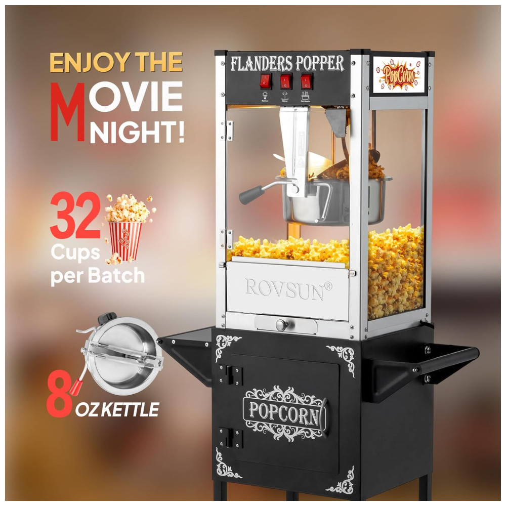 Carrinho de Pipoca Elétrico Retro Produz até 32 Xícaras de Pipoca por Vez 110V 850W ROVSUN Preto - Imagem 3