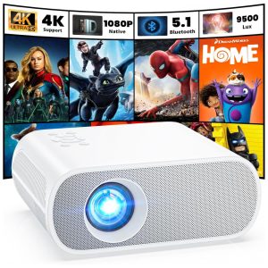 Projetor Full HD 1080P com Bluetooth e Alto-falante Integrado - 9500 Lumens Portátil para Filmes ao Ar Livre - Compatível com Laptop HOMPOW