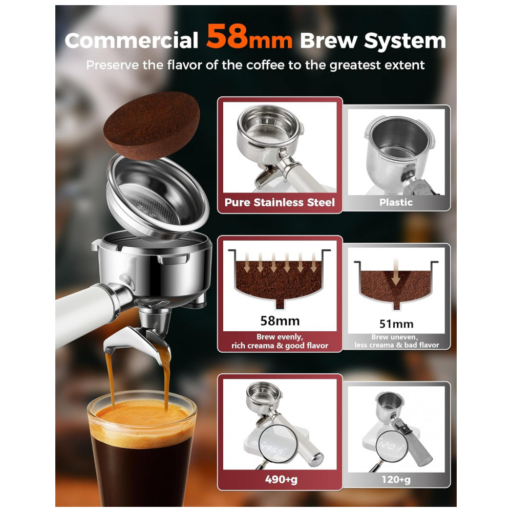 Máquina de Espresso Semiautomática 20 Bar Dupla Caldeira Touch Porta-filtro 58mm Tuni Aço Inox Marfim 110V - Imagem 3
