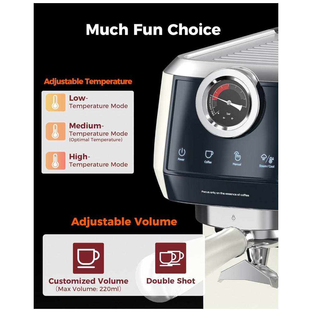 Máquina de Espresso Semiautomática 20 Bar Dupla Caldeira Touch Porta-filtro 58mm Tuni Aço Inox Marfim 110V - Imagem 6