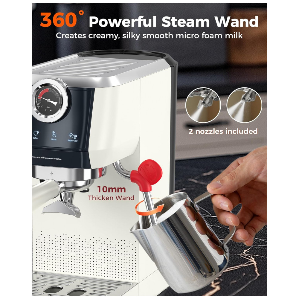 Máquina de Espresso Semiautomática 20 Bar Dupla Caldeira Touch Porta-filtro 58mm Tuni Aço Inox Marfim 110V - Imagem 7