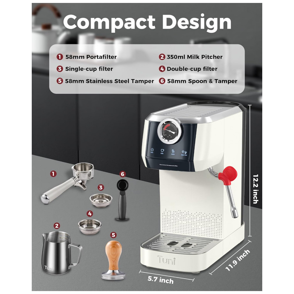 Máquina de Espresso Semiautomática 20 Bar Dupla Caldeira Touch Porta-filtro 58mm Tuni Aço Inox Marfim 110V - Imagem 8
