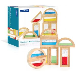 Blocos sensoriais Rainbow Blocks Shimmering Water Guidecraft em madeira com janelas de água colorida – 8 peças