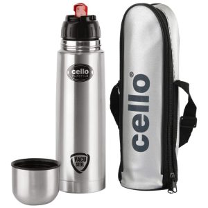 Garrafa Térmica para Água 500mL em Aço Inoxidável de Parede Dupla com Bolsa Térmica e Tampa Articulada Cello Prata