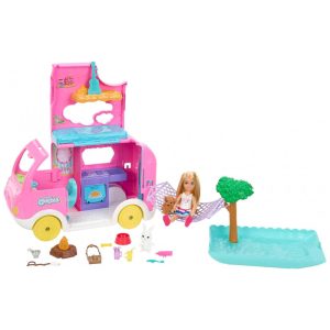 Acampamento da Barbie 2 em 1 com 15 Acessórios 2 Pets e Boneca Chelsea Rosa