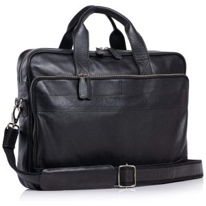 Bolsa Carteiro Masculina Couro de Búfalo para Laptop com 18 Polegadas e Fecho em Zíper de Metal Komal's Passion Leather Preta