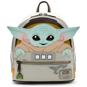 Mochila Escolar Infantil Loungefly Star Wars Baby Yoda para Crianças a Partir de 6 Anos Cinza
