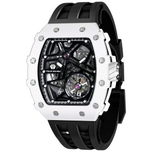 Relógio Masculino Analógico Automático Mecânico a Prova dÁgua 50M com Pulseira de Silicone TSAR BOMBA TB 8209Ceramic Preto e Branco