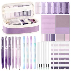 Kit escolar estético Janlaugh 38 peças com estojo canetas marcadores fitas corretivas notas adesivas e marcadores de página roxo degradê clássico